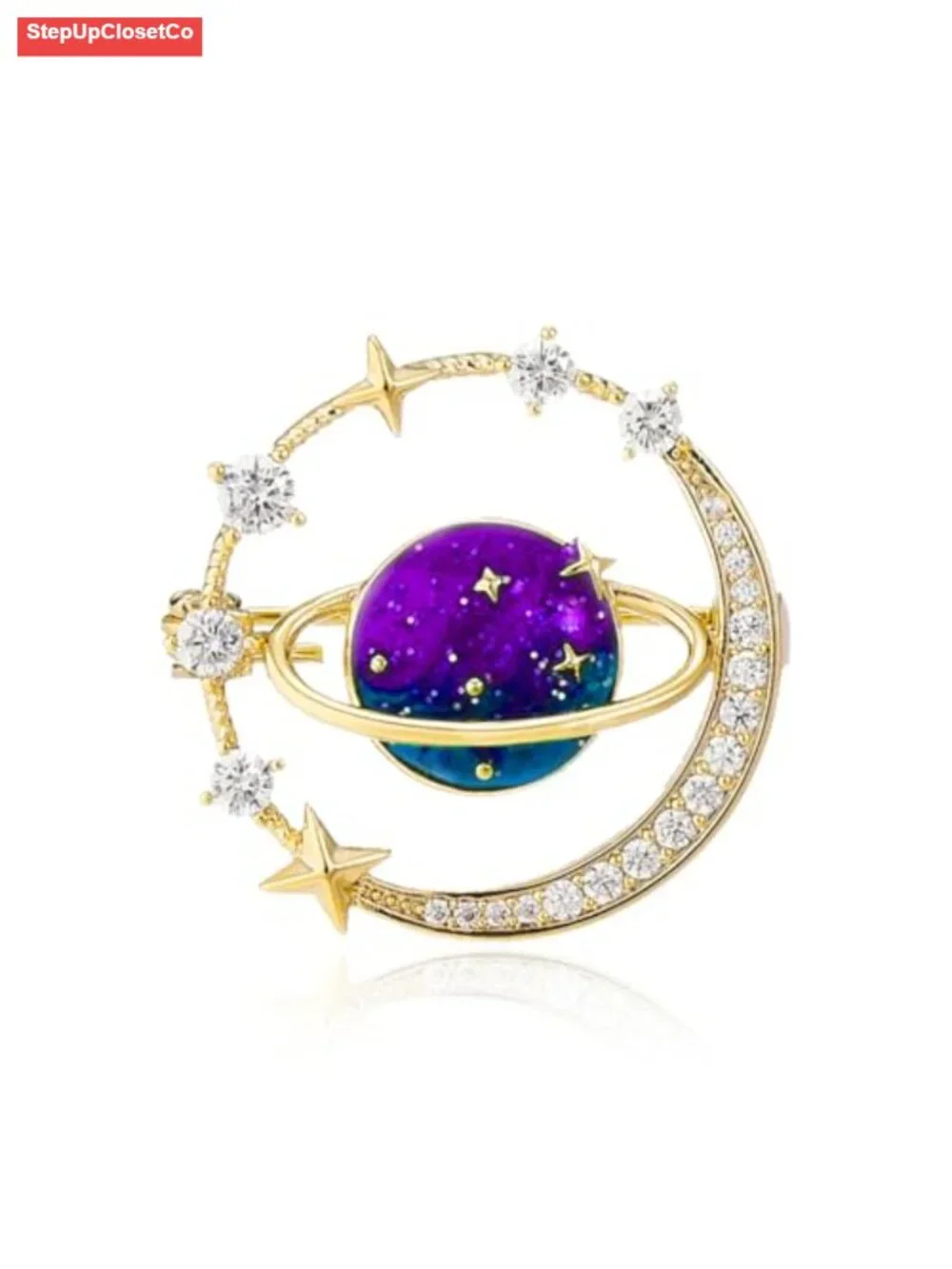Celestial Enamel Brooch Pin 18K Gold Plated Cubic Zirconia Star Moon Lapel Pin